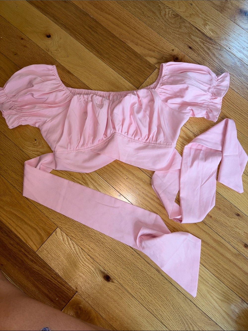 Lyaner Pink Puff-Sleeve Crop Top with Waist Sash perfect going out top